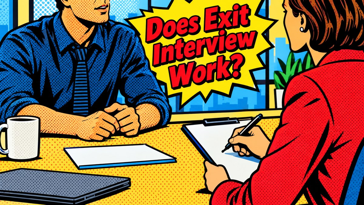 Two people facing each other across a desk in an exit interview, drawn in pop art comic style, with a speech bubble reading Does Exit Interview Work?