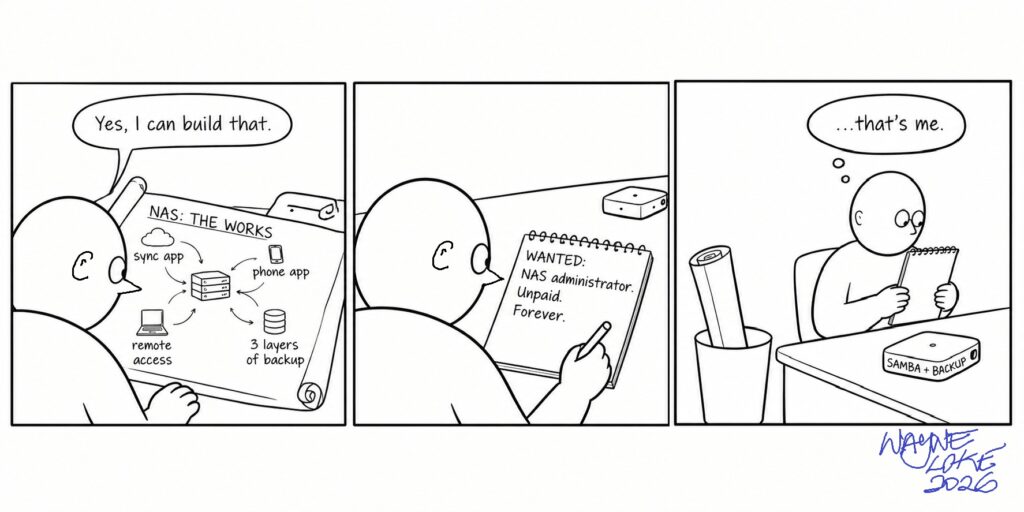 Three-panel comic. A bald character unrolls a huge blueprint titled “NAS: The Works” over a tiny Mac Mini and says “Yes, I can build that.” Next, they write a job ad: “Wanted: NAS administrator. Unpaid. Forever.” Last, they read the ad and think “…that’s me”, with the blueprint rolled up in the bin and the Mac Mini labelled “Samba + Backup”.