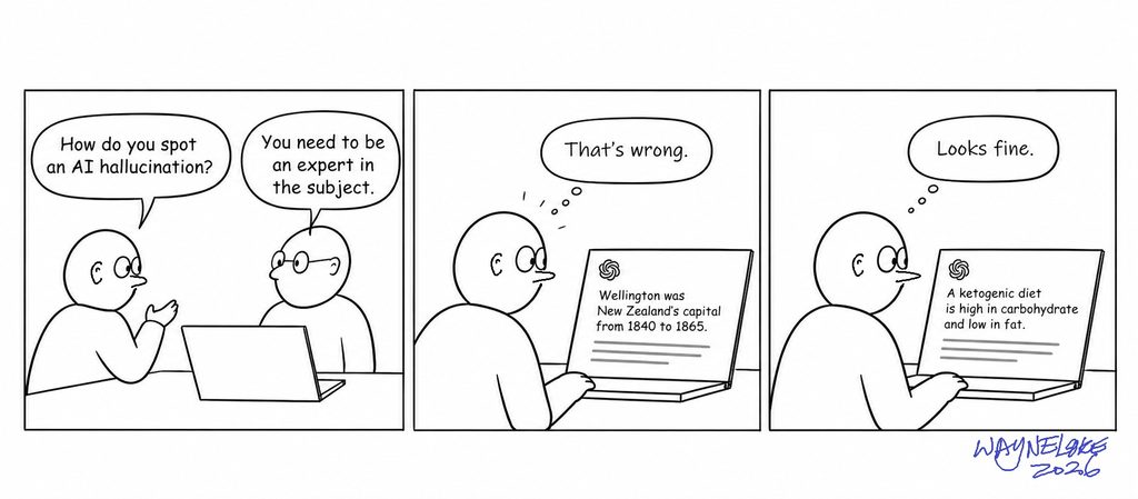 Three-panel comic. One bald character asks another, "How do you spot an AI hallucination?" and is told, "You need to be an expert in the subject." At a laptop, the character reads an AI answer saying Wellington was New Zealand's capital from 1840 to 1865 and thinks, "That's wrong." Then they read an AI answer saying a ketogenic diet is high in carbohydrate and low in fat, and think, "Looks fine."